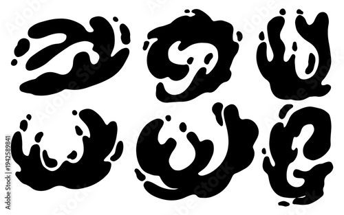 Six black abstract splash shapes or ink blots with dynamic fluid forms on a white background, suitable for graphic design elements.