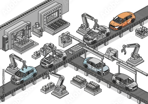 Automotive assembly line with robotic arms and cars on conveyor belts in an isometric view
