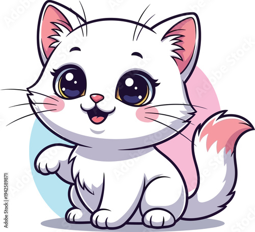 an adorable white kitten with large expressive eyes and a cheerful expression is playfully posed radiating innocence and charm high quality