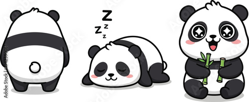 three adorable cartoon pandas are depicted in varying poses showcasing a sleeping panda a relaxed panda and a cheerful panda with bamboo