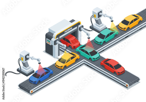 Automated car manufacturing process on a conveyor belt with robotic arms assembling vehicles