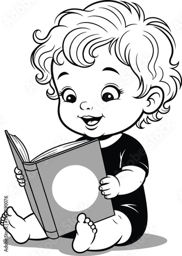 a charming cartoon illustration depicts a baby engrossed in reading a book with a twitter logo on its cover showing learning