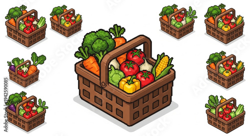 Assorted Fruits and Vegetables in Baskets.