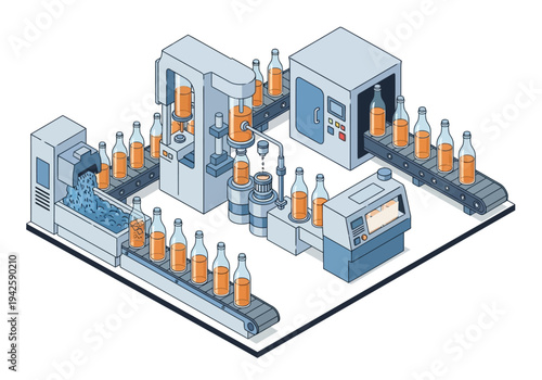 Industrial production line for bottling beverages, automated machinery, and conveyor belts