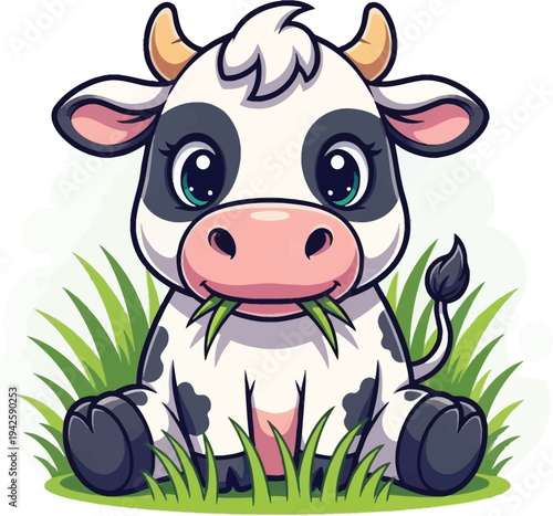 a charming cartoon cow with black and white spots sits happily in green grass peacefully grazing on fresh blades high quality