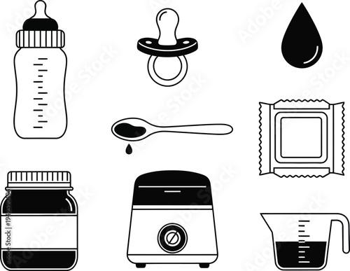 A collection of simplistic black and white icons depicting baby essentials and feeding supplies including bottles pacifiers and jars high quality