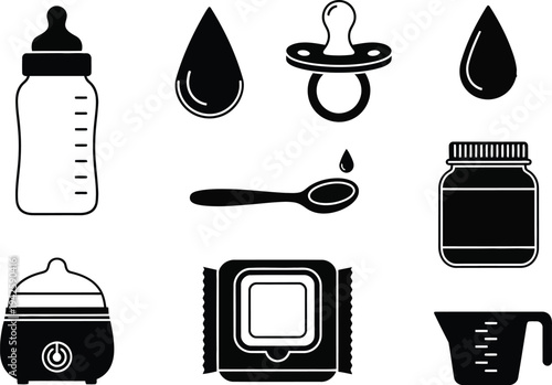 a collection of monochrome icons depicting baby essentials like bottles pacifiers food jars and related items for infant care high quality