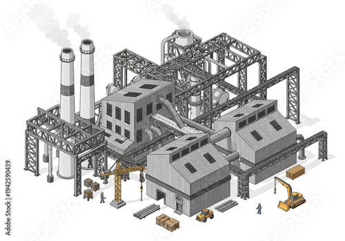 Isometric industrial complex with factory buildings, construction equipment, and raw materials