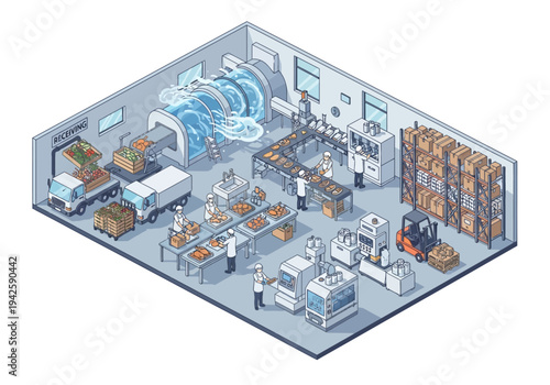 Industrial food processing and packaging factory with automated production lines