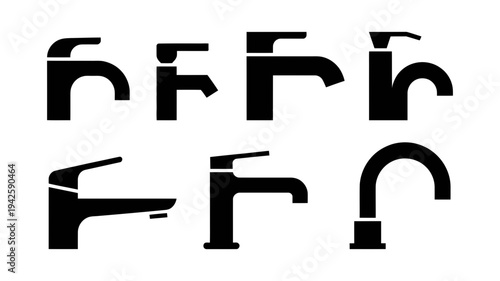 A collection of modern and traditional black faucet icons for plumbing and bathroom design.