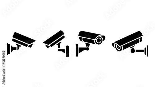 A series of black silhouette CCTV security cameras in different angles for surveillance and safety concepts.