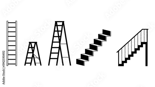 A collection of black silhouette icons showcasing different types of ladders and stairs for construction and access themes.