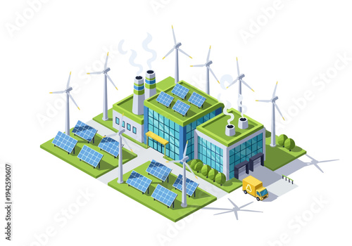 Sustainable energy production facility featuring solar panels and wind turbines