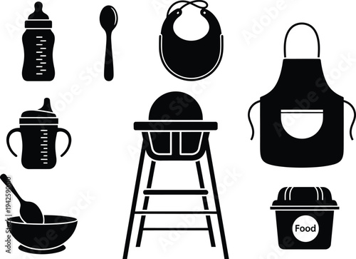 a collection of black silhouette icons depicting baby items like bottles bibs high chair and food containers high quality professional detailed