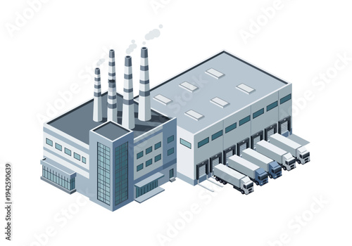 Industrial factory with loading docks and trucks, commercial warehouse complex for goods distribution