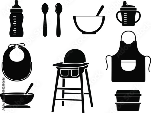 a collection of black silhouette icons representing baby food feeding accessories and essential items for infant care and meal times