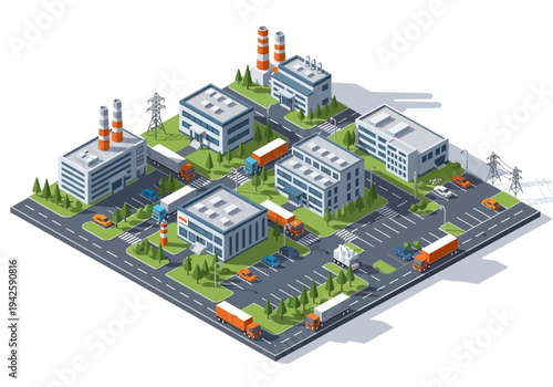 Isometric view of an industrial district with factories, warehouses, and trucks on a city grid