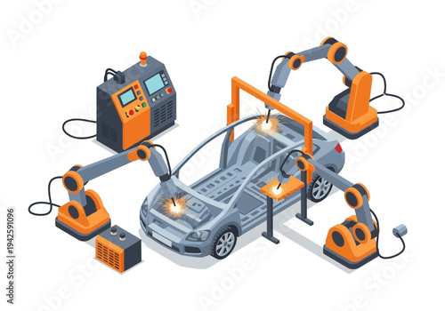 Automated car manufacturing process with robotic arms and welding equipment