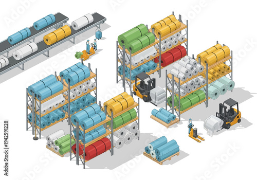Industrial warehouse interior with forklifts and rolls of material