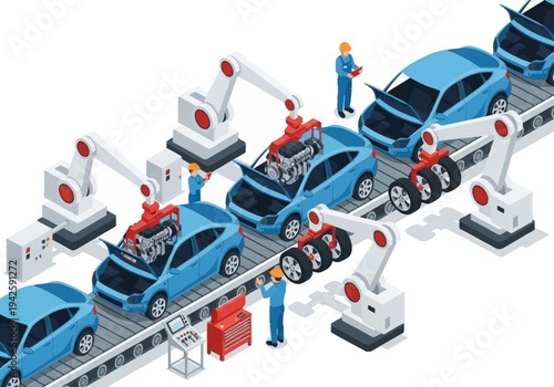 Automated car assembly line with robotic arms and workers constructing vehicles