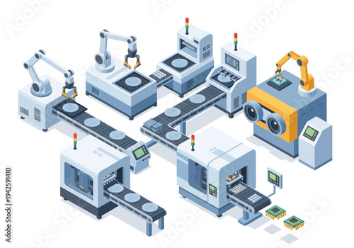 Automated industrial manufacturing line with robotic arms assembling electronic components