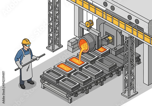 Industrial Foundry Molten metal being poured into molds in a modern manufacturing plant