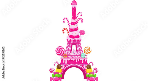 Eiffel Tower made of candy and sweets, pink, whimsical, Paris landmark