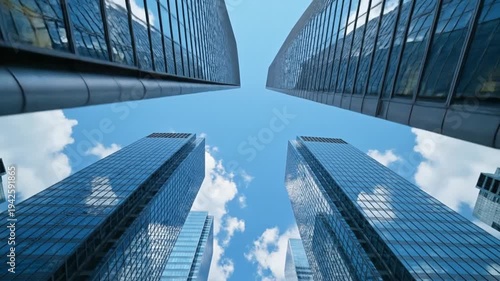 Modern glass skyscrapers reflecting blue sky and clouds upward