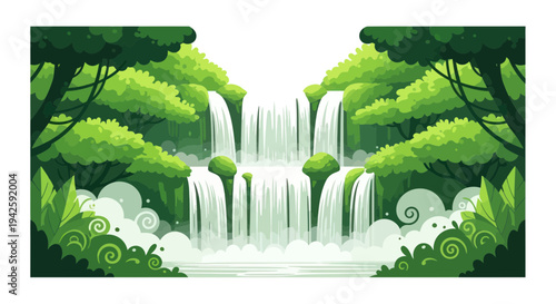 Lush Forest Waterfall with Pixel Art Style