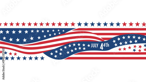 Graphic illustration of waving American flag with stars and red, white, and blue stripes on white background celebrating July 4th.
