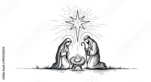 Nativity Scene Sketch: Mary, Joseph, and Baby Jesus under the Star of Bethlehem