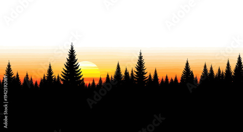 Pine Forest Silhouette at Sunset with Orange Sky and Sun