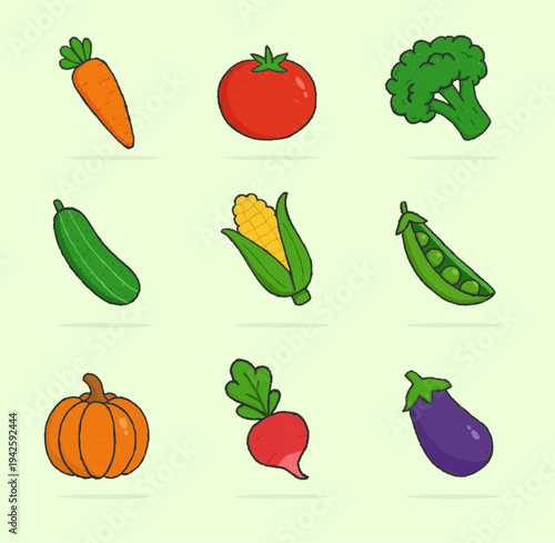 Collection of colorful organic vegetable illustrations in flat doodle style