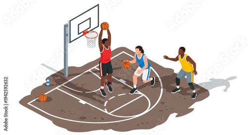 Basketball Players Dunking on Outdoor Court.