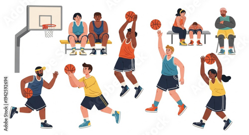 Basketball Players in Action on Court.