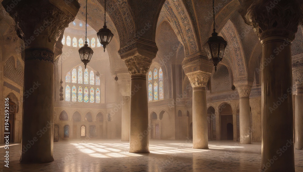 Obraz premium Grand interior of a building with ornate columns, arched ceilings, and stained glass windows