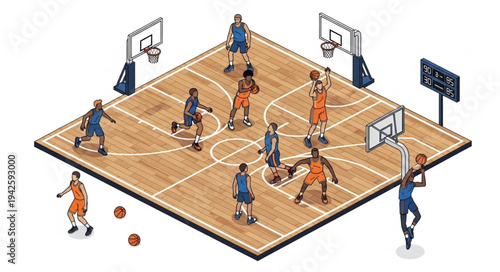 Basketball Players on Court Illustration.