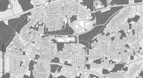 Detailed aerial view of a city with parks and buildings.