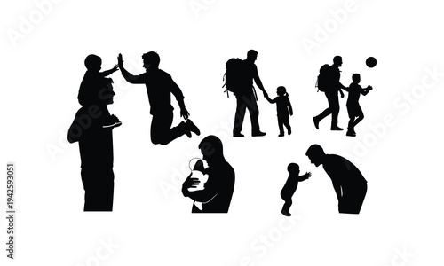 Father and child silhouette collection vector illustration set showing bonding activities