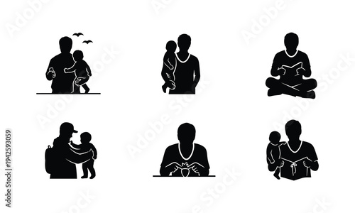 Father and child bonding, reading, carrying vector silhouette illustration set
