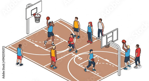 Basketball Players on Court Training.