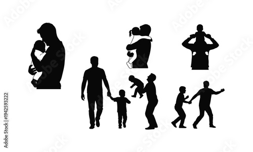Father and child, baby, dad playing, walking, holding hands, parent, family vector silhouette illustration