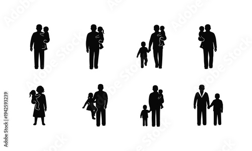 Father and child, mother and child vector silhouette illustration set, various poses