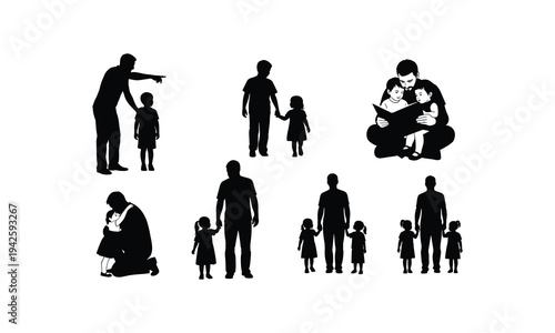 Father and children silhouette diverse family activities vector illustration playful moments