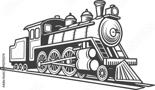 Retro Steam Locomotive Side View Illustration, 1880s Industrial Train Engraving with Mechanical Detail, Vintage Railway Engine Line Art