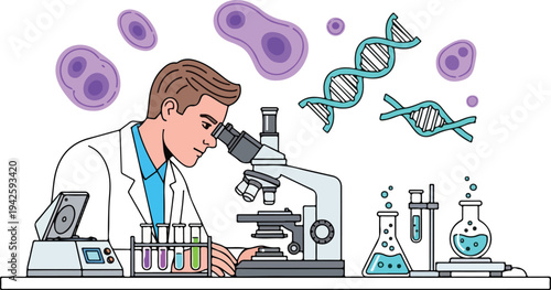 Scientist examining cells and DNA in laboratory setting with microscope and test tubes
