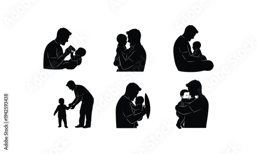 Father holding baby silhouette vector illustration set showing bonding and care moments