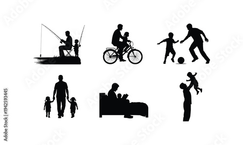Father and son fishing, bicycling, and playing football vector silhouette illustration set