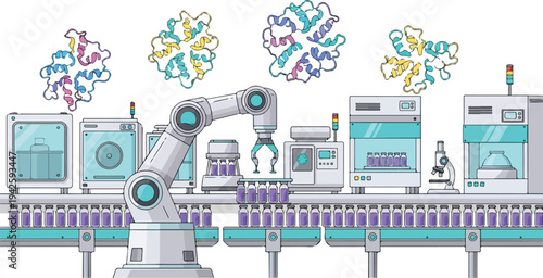 A robotic arm assembles molecular structures on a futuristic laboratory production line with various machinery and equipment.