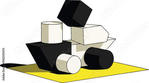 Geometric shapes arranged on yellow surface in still life composition